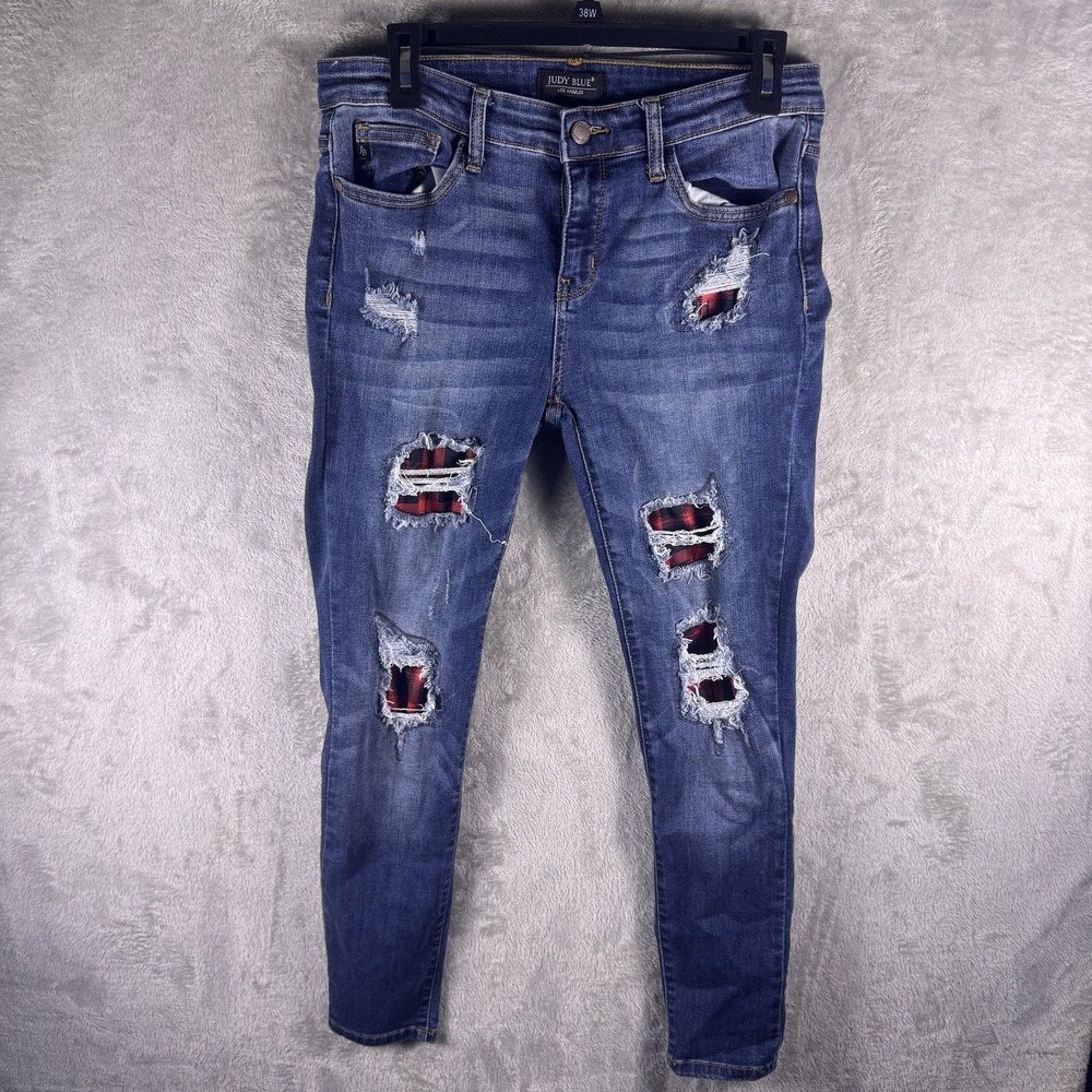 Judy Blue Jeans Juniors 11/30 Blue Mid Rise Distressed Plaid Skinny Denim